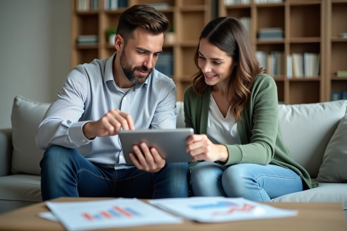 Couple examinant ensemble des graphiques financiers sur une tablette dans leur salon, illustrant les bons réflexes à adopter face à une nouvelle plateforme de gestion financière
