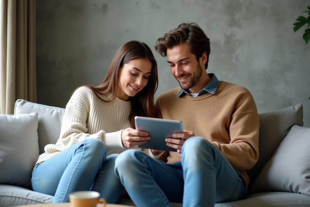 Couple comparant les options de virement instantané et classique sur une application bancaire depuis leur salon