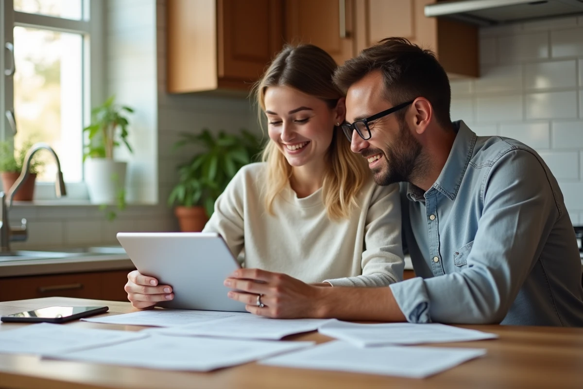 Couple examinant des documents d'assurance auto et comparant des offres en ligne sur une tablette dans leur cuisine