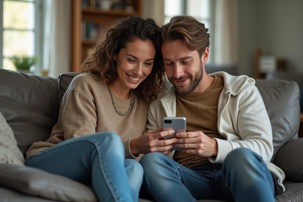 Couple consultant leur compte CA56 sur smartphone pour suivre leurs dépenses communes et gérer leur budget familial