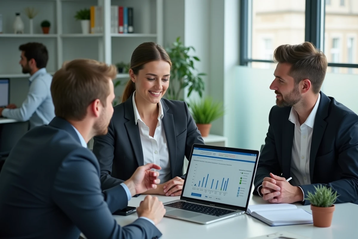 Couple consultant un conseiller fiscal dans un bureau moderne pour optimiser leurs frais de repas dans leur déclaration commune