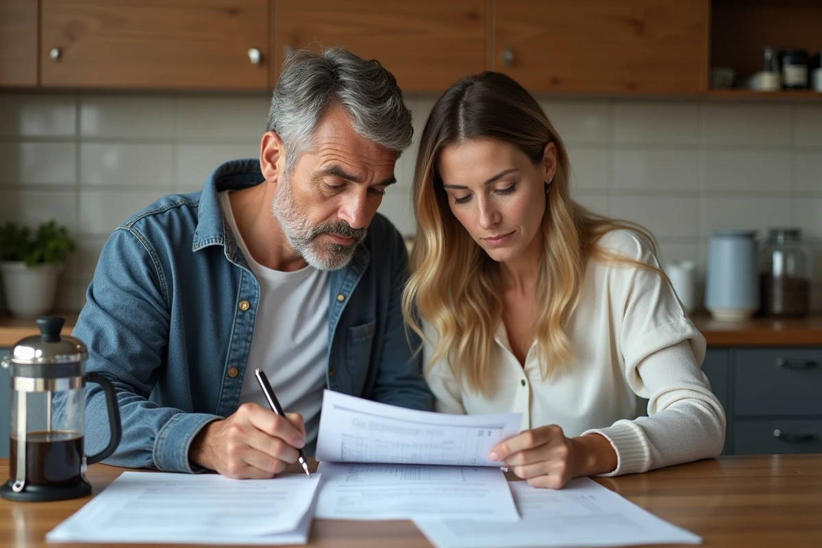 Couple examinant leurs documents fiscaux ensemble à la table de cuisine pour optimiser leur déclaration de frais de repas