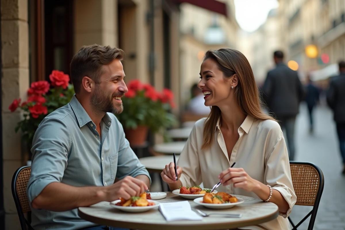 Couple déjeunant en terrasse parisienne avec un reçu de restaurant visible, illustrant les frais de repas déductibles pour les déclarants