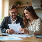Couple souriant examinant leurs finances à la maison