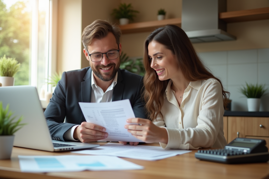 Couple souriant examinant leurs finances à la maison