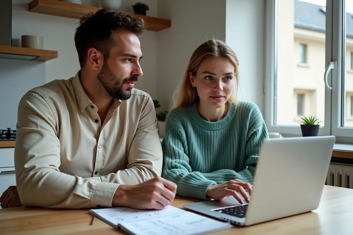 Un couple français expatrié calcule leur salaire net suisse dans leur appartement à Bâle