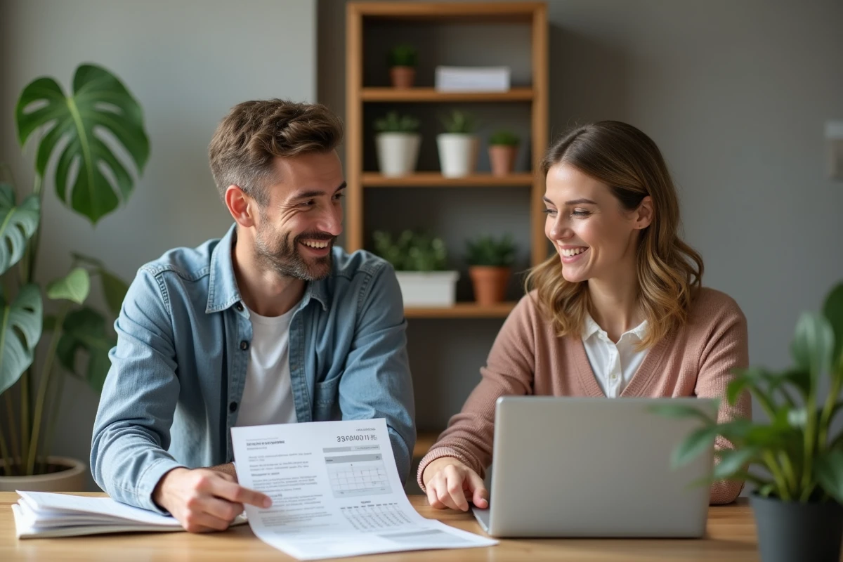 Couple gérant un chèque différé Cora et planifiant leurs finances à domicile