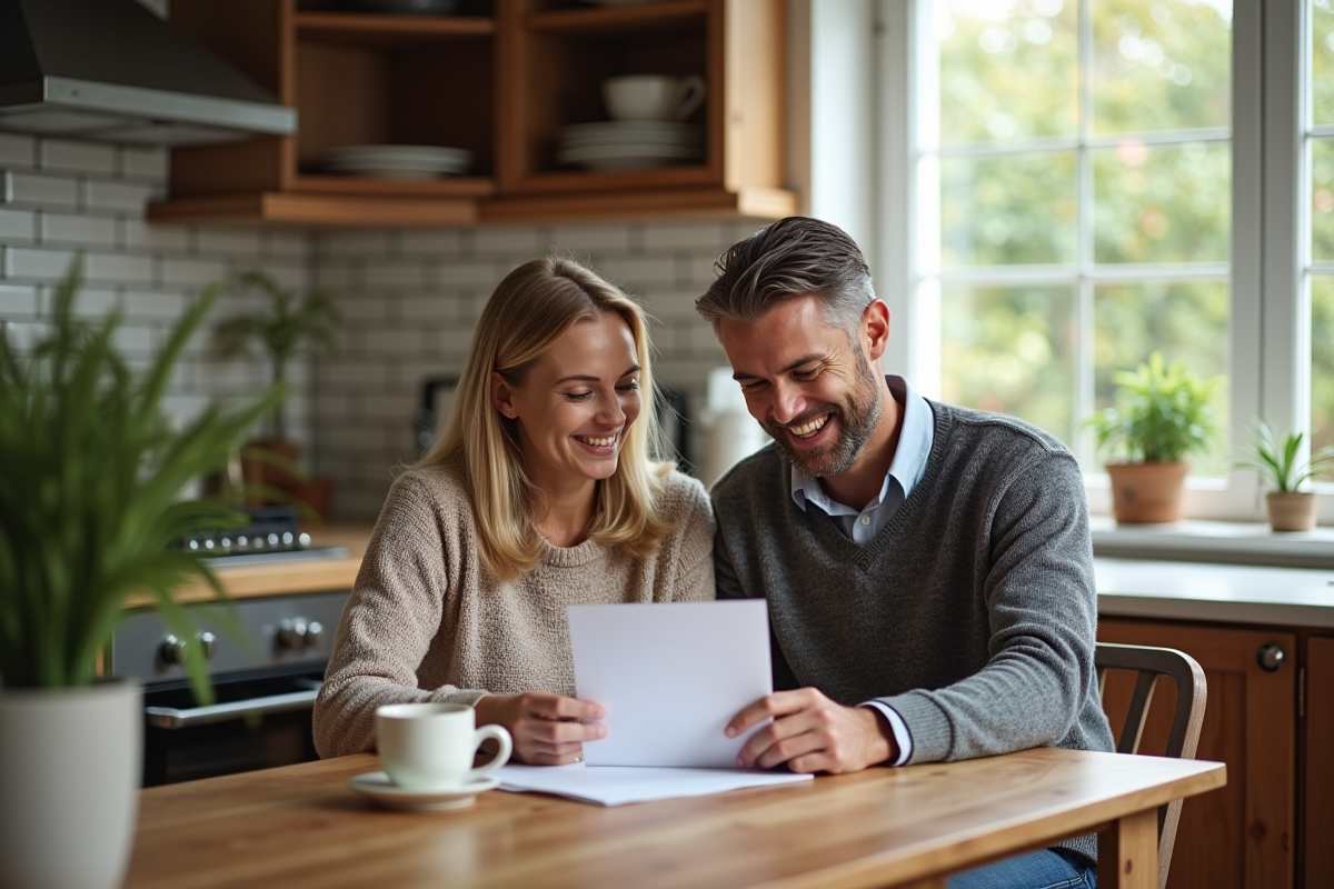 Couple souriant lisant une lettre de pret immobilier