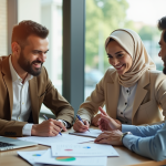 Couple musulman confiant rencontrant un conseiller financier dans un bureau moderne