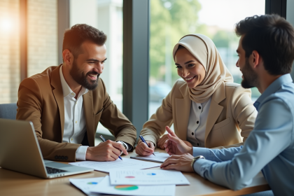 Couple musulman confiant rencontrant un conseiller financier dans un bureau moderne