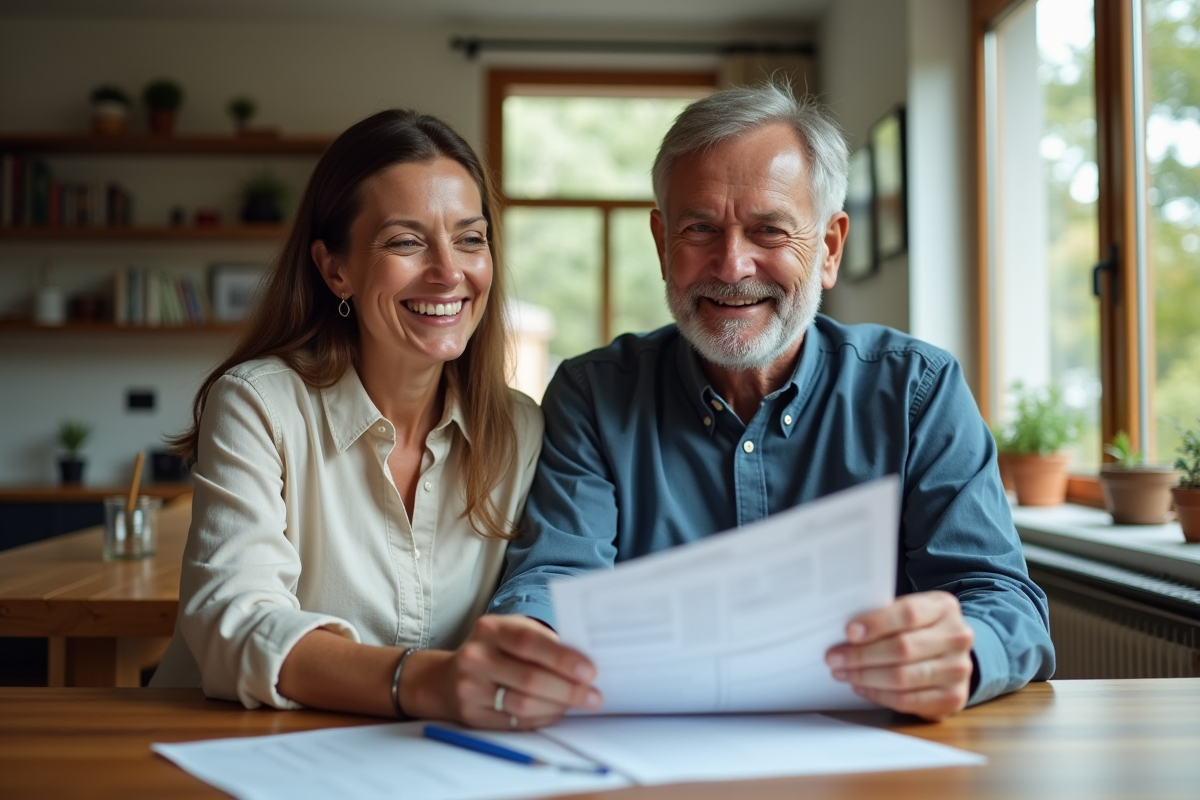 Couple d'adultes revoyant des documents financiers dans un salon moderne