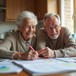 Couple senior souriant avec calendrier et ordinateur
