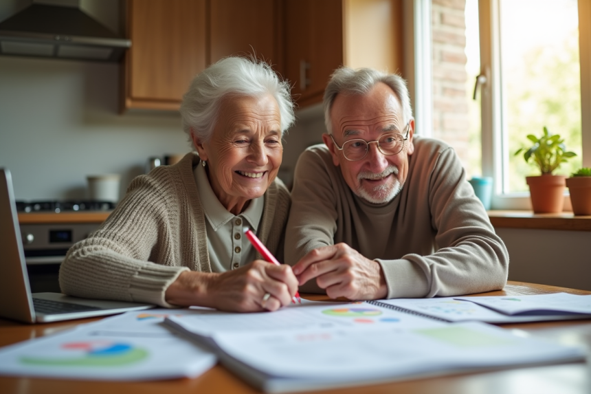 Couple senior souriant avec calendrier et ordinateur