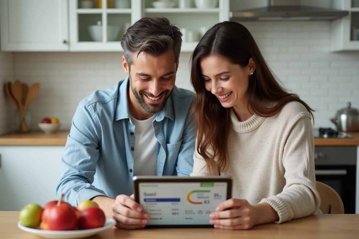 Couple vérifiant ensemble leurs virements sur le compte en ligne Caisse d'Epargne via une tablette dans la cuisine