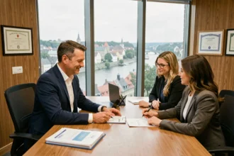 Courtier en assurance en Moselle expliquant un contrat à ses clients dans un bureau moderne avec vue sur la ville de Metz