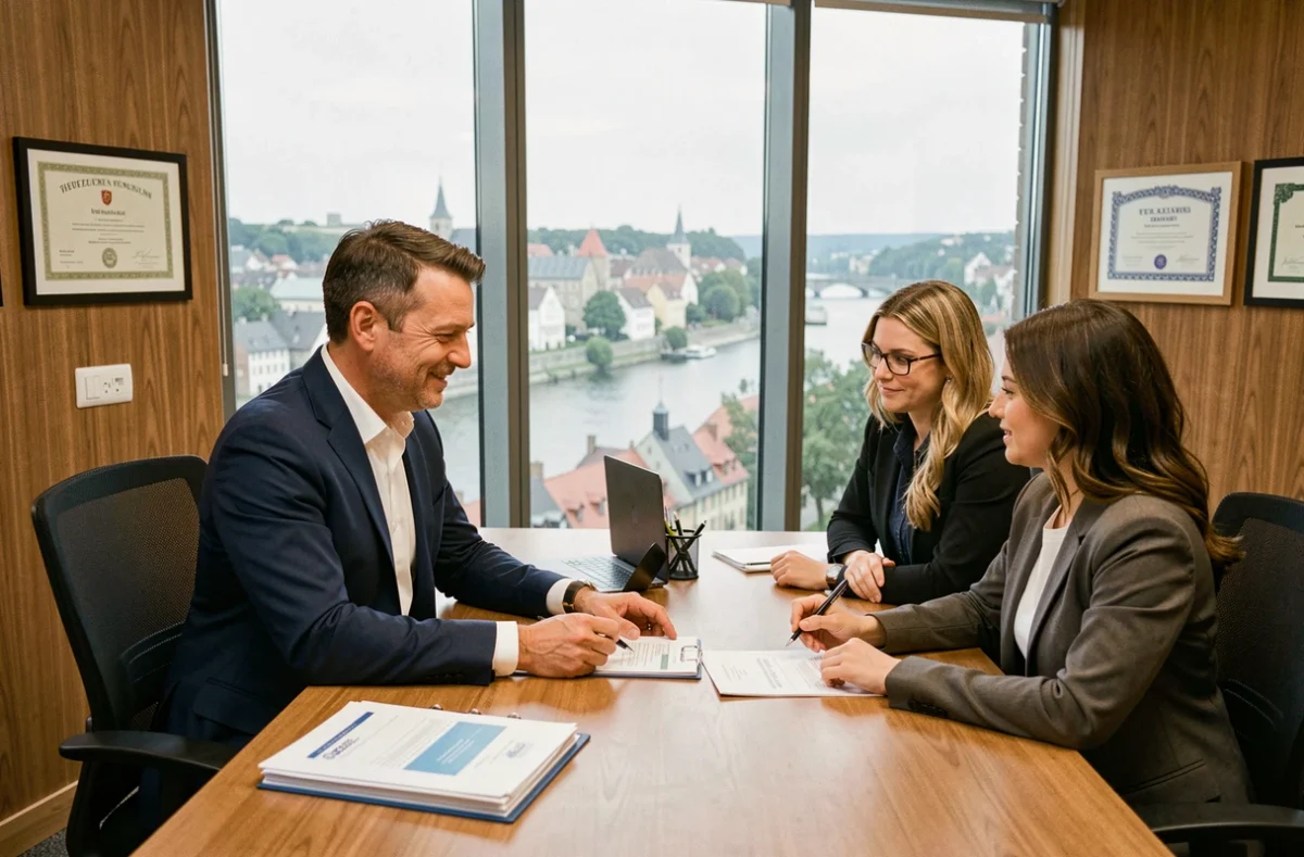 Courtier en assurance en Moselle expliquant un contrat à ses clients dans un bureau moderne avec vue sur la ville de Metz