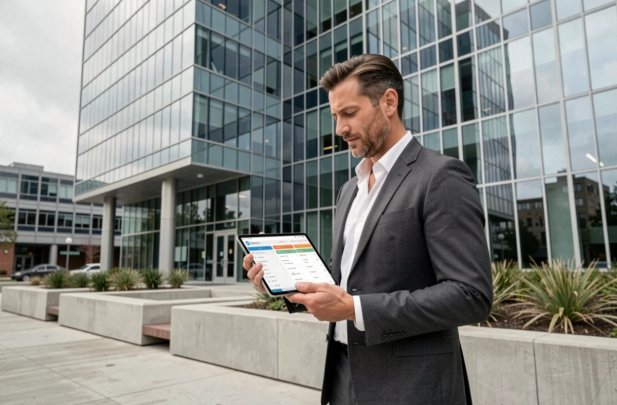 Courtier en assurance consultant ses dossiers sur tablette devant un immeuble de bureaux, solution mobile Inaxa Courtage