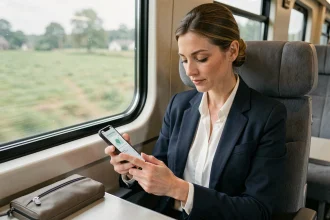 Courtière en assurance travaillant sur son smartphone dans un train, accédant à une application de courtage mobile Inaxa