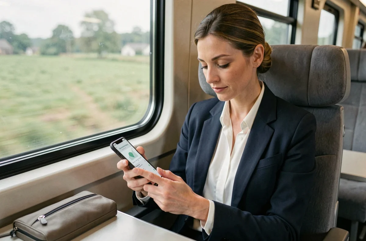 Courtière en assurance travaillant sur son smartphone dans un train, accédant à une application de courtage mobile Inaxa
