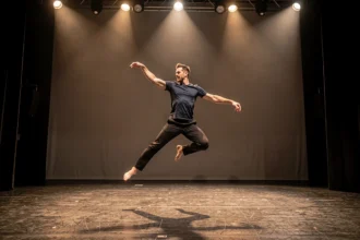 Danseur professionnel en plein saut sur une scène de théâtre