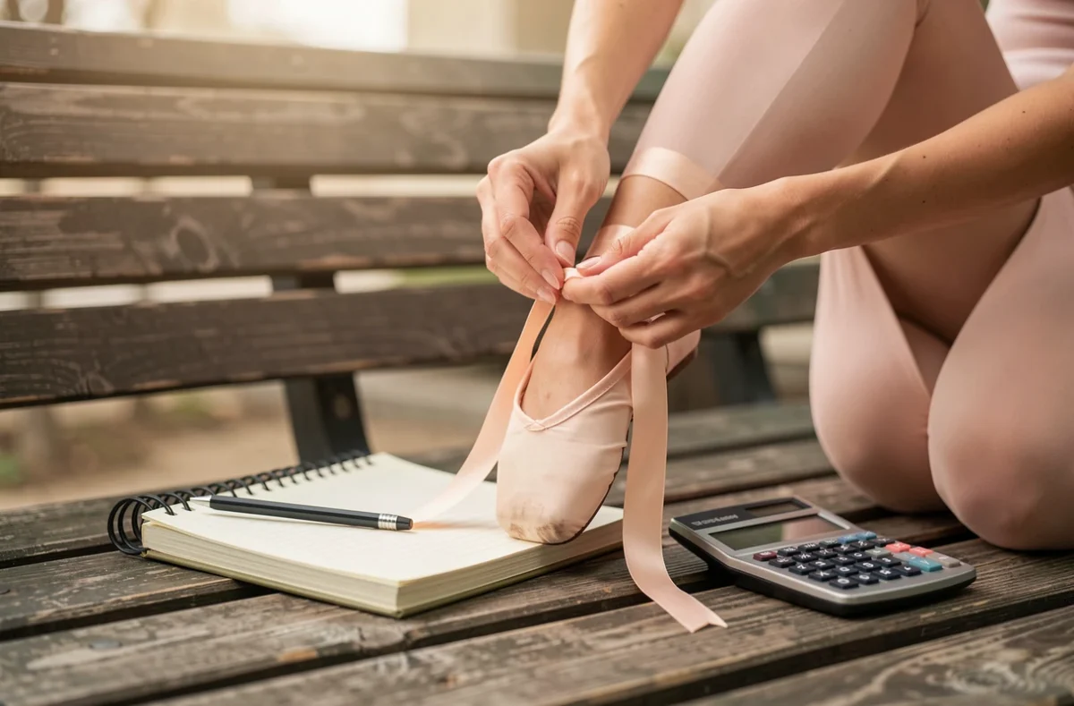 Danseuse nouant ses chaussons à côté d'un carnet de comptes