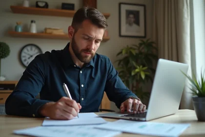 Homme concentré remplissant le formulaire Cerfa 3916 bis pour déclarer ses comptes crypto à son bureau à domicile