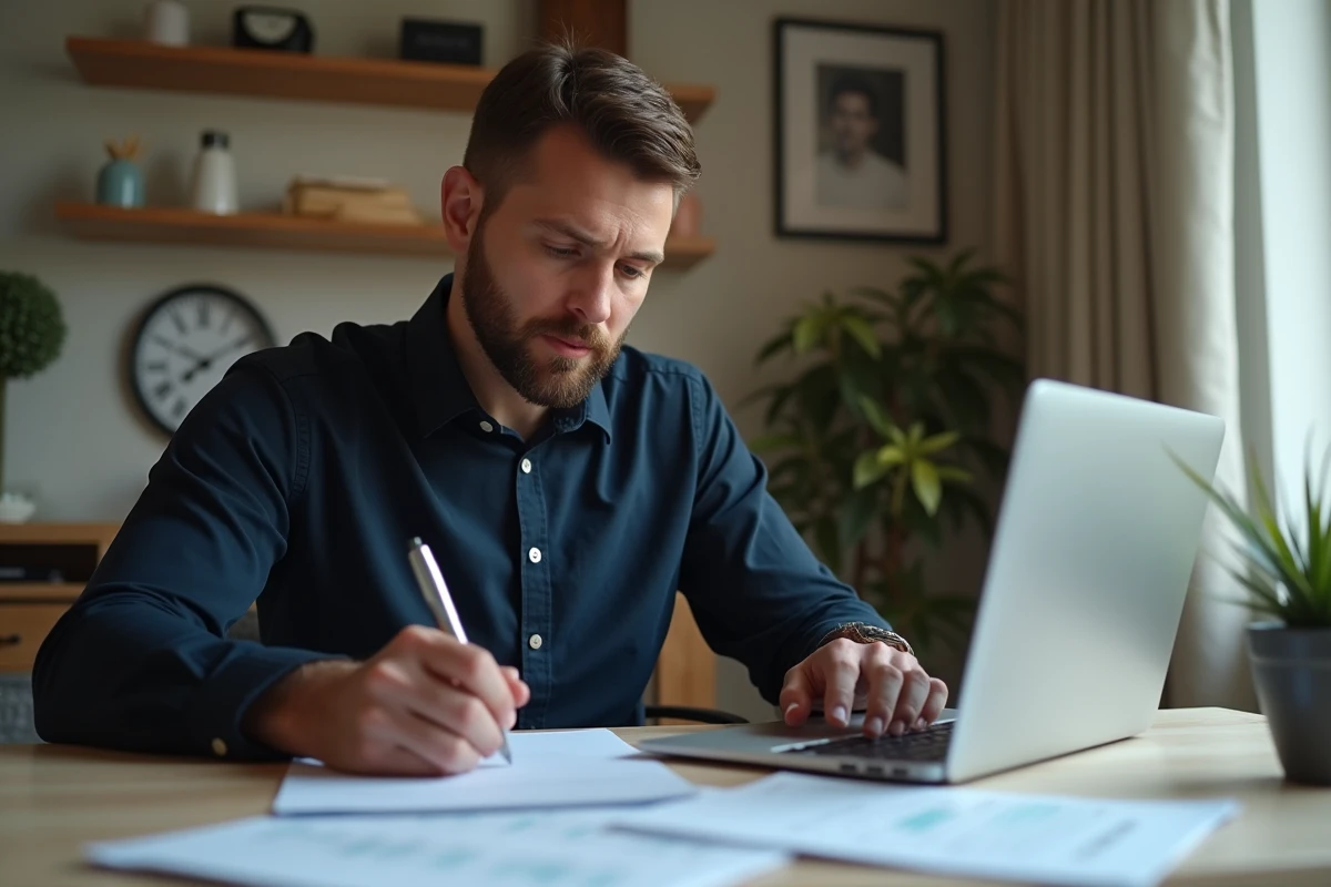 Homme concentré remplissant le formulaire Cerfa 3916 bis pour déclarer ses comptes crypto à son bureau à domicile