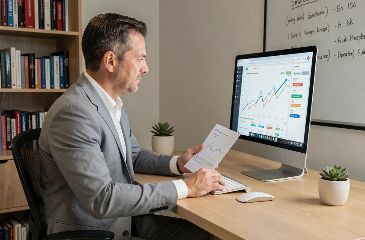 Directeur financier analysant un tableau de bord financier sur ordinateur dans son bureau exécutif moderne