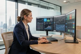 Directrice financière analysant un dashboard de reporting financier sur plusieurs écrans dans un bureau moderne