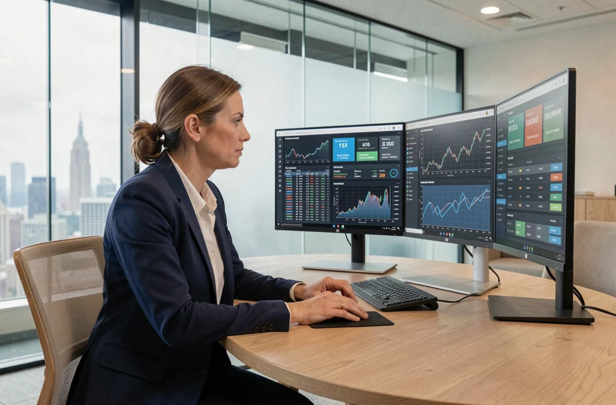 Directrice financière analysant un dashboard de reporting financier sur plusieurs écrans dans un bureau moderne