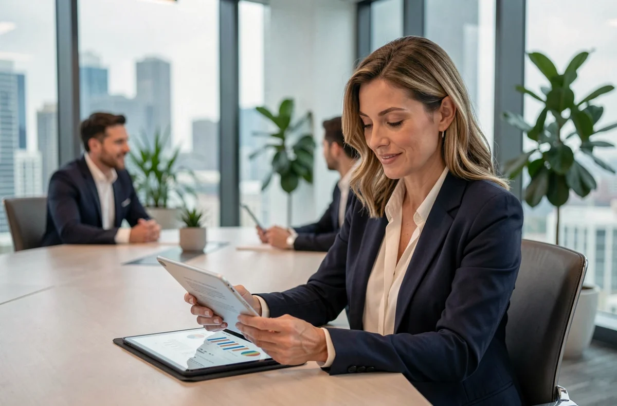 Directrice financière consultant des données sur tablette lors d'une réunion de réseau de directeurs financiers dans un bureau moderne