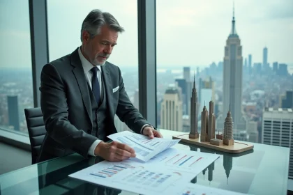Dirigeant économique analysant des graphiques financiers mondiaux dans un bureau en hauteur avec vue sur une métropole internationale