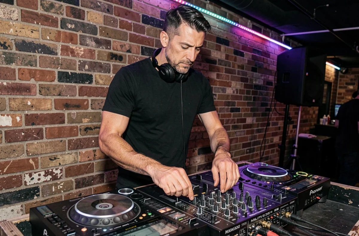 DJ professionnel derrière une table de mixage dans une boîte de nuit, illustrant le métier et les revenus d'un DJ