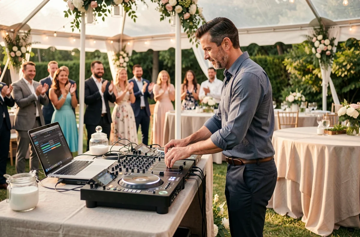 DJ animant un mariage en extérieur avec un bocal à pourboires visible sur sa table, illustrant les revenus complémentaires des DJs lors d'événements privés