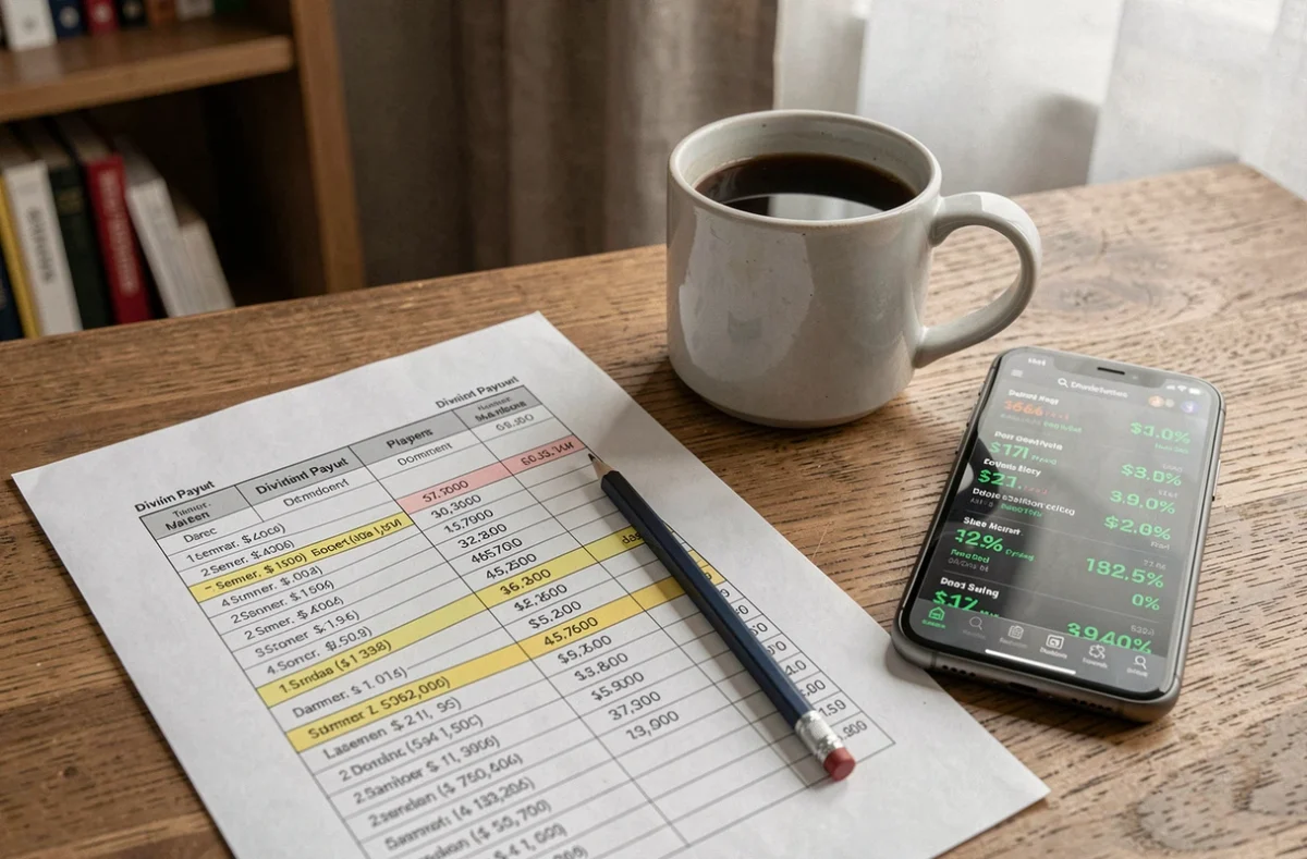 Gros plan d'un bureau avec des documents financiers sur le dividende FDJ 2026, un crayon et une application boursière sur smartphone
