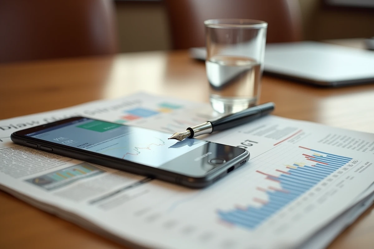 Documents financiers et graphiques boursiers sur une table de conférence illustrant l'analyse de l'action Thales à horizon 2026