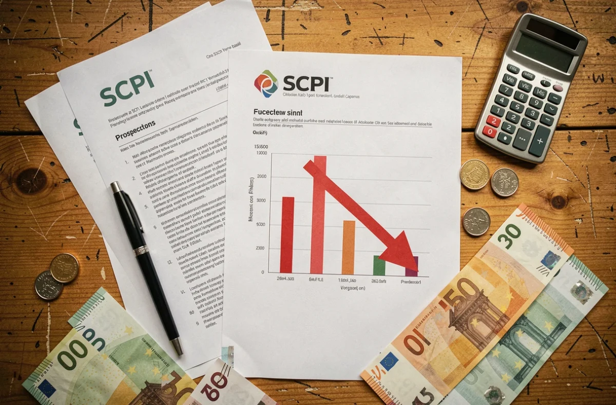 Vue aérienne de documents financiers SCPI avec graphique en baisse et billets euros sur un bureau en bois, concept de risque de perte en capital