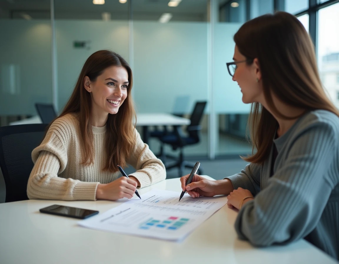 Employée à temps partiel discutant du calcul de son salaire net brut avec un conseiller RH en entreprise
