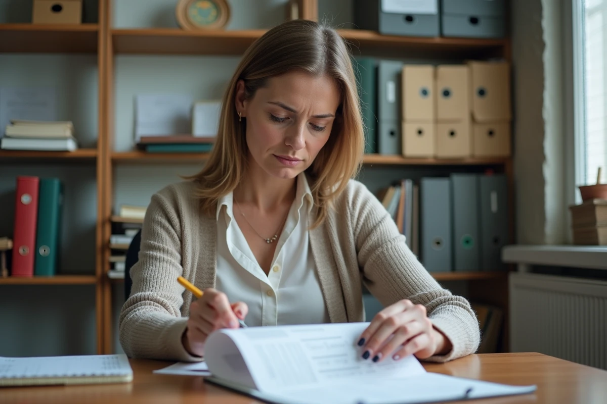 Professeure assise à son bureau étudiant une fiche de paie