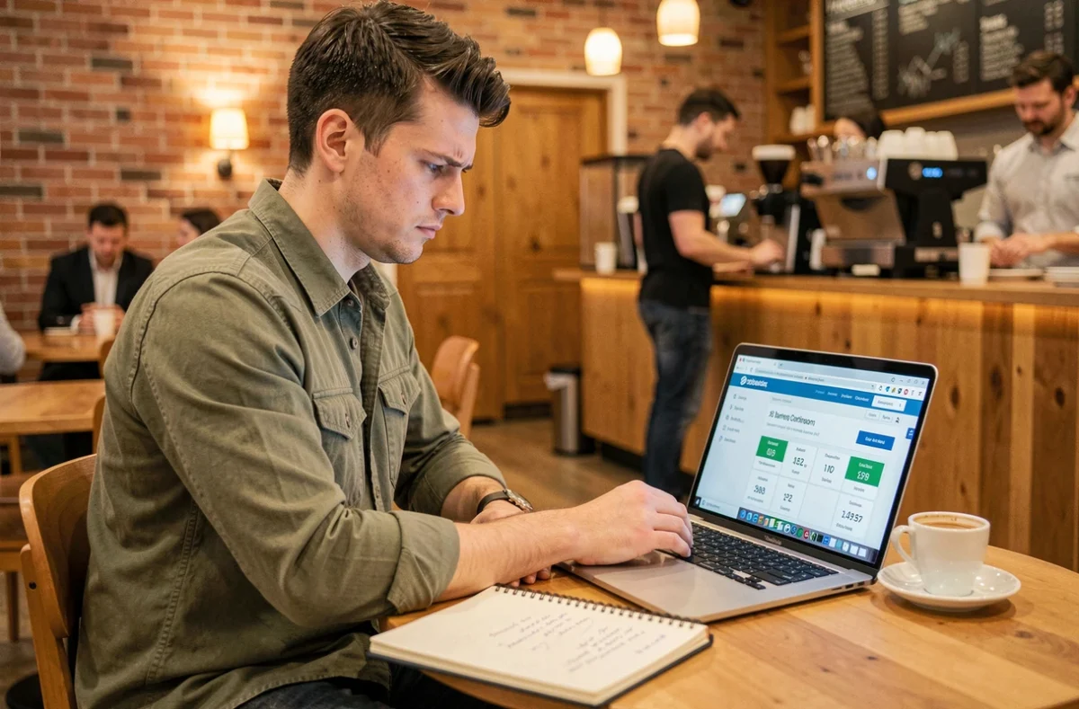 Jeune entrepreneur en micro-entreprise comparant les offres de comptes professionnels Caisse d'Epargne depuis un café avec son ordinateur portable