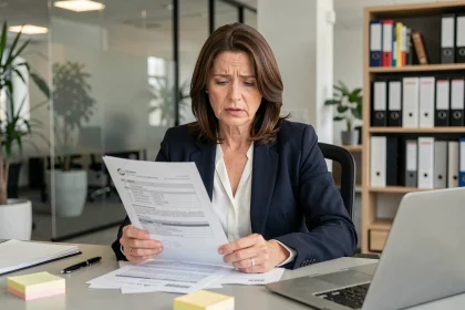 Une professionnelle examine attentivement un contrat d'assurance professionnel à son bureau, illustrant les erreurs à éviter lors de la souscription