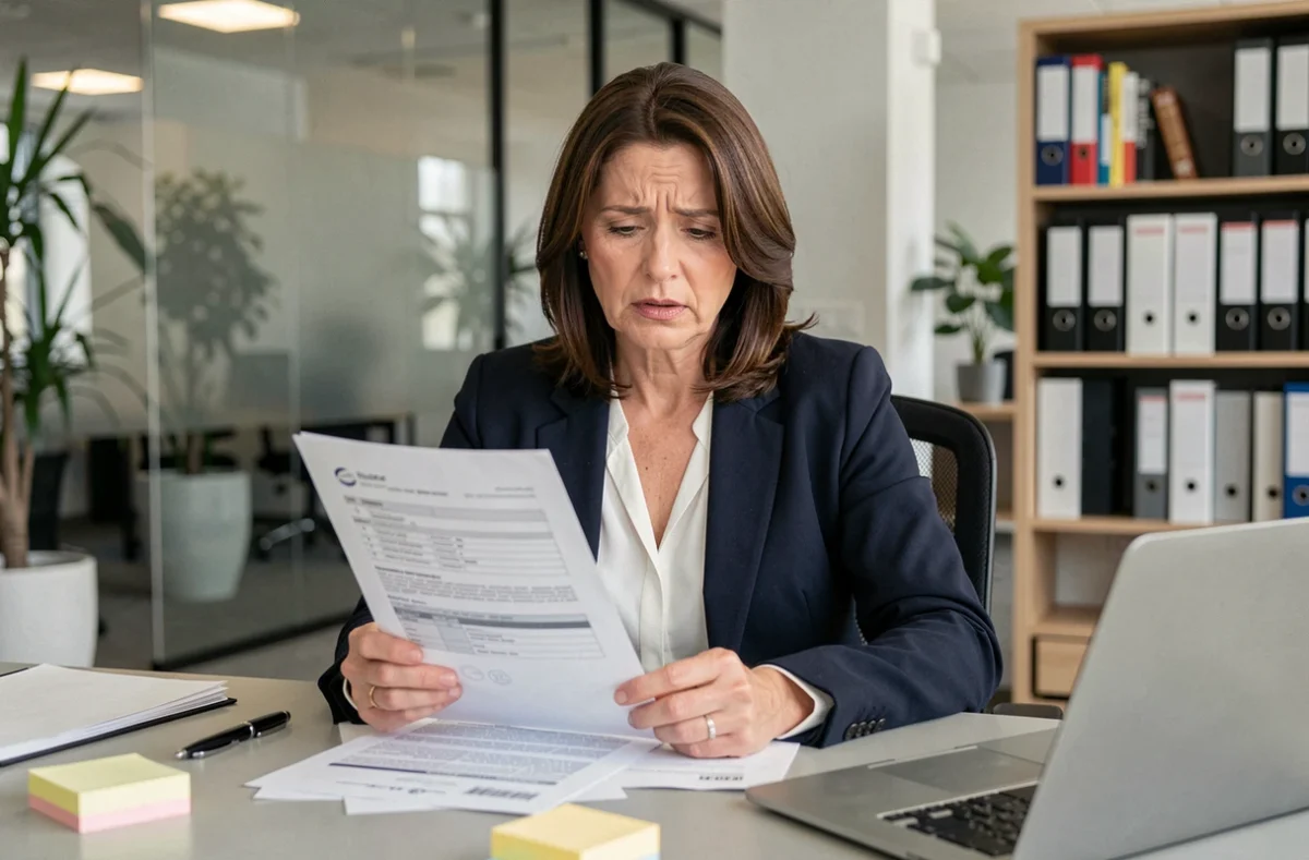 Une professionnelle examine attentivement un contrat d'assurance professionnel à son bureau, illustrant les erreurs à éviter lors de la souscription