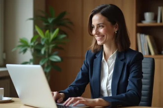 Femme utilisant l'espace particulier LCL sur un ordinateur portable dans un bureau à domicile