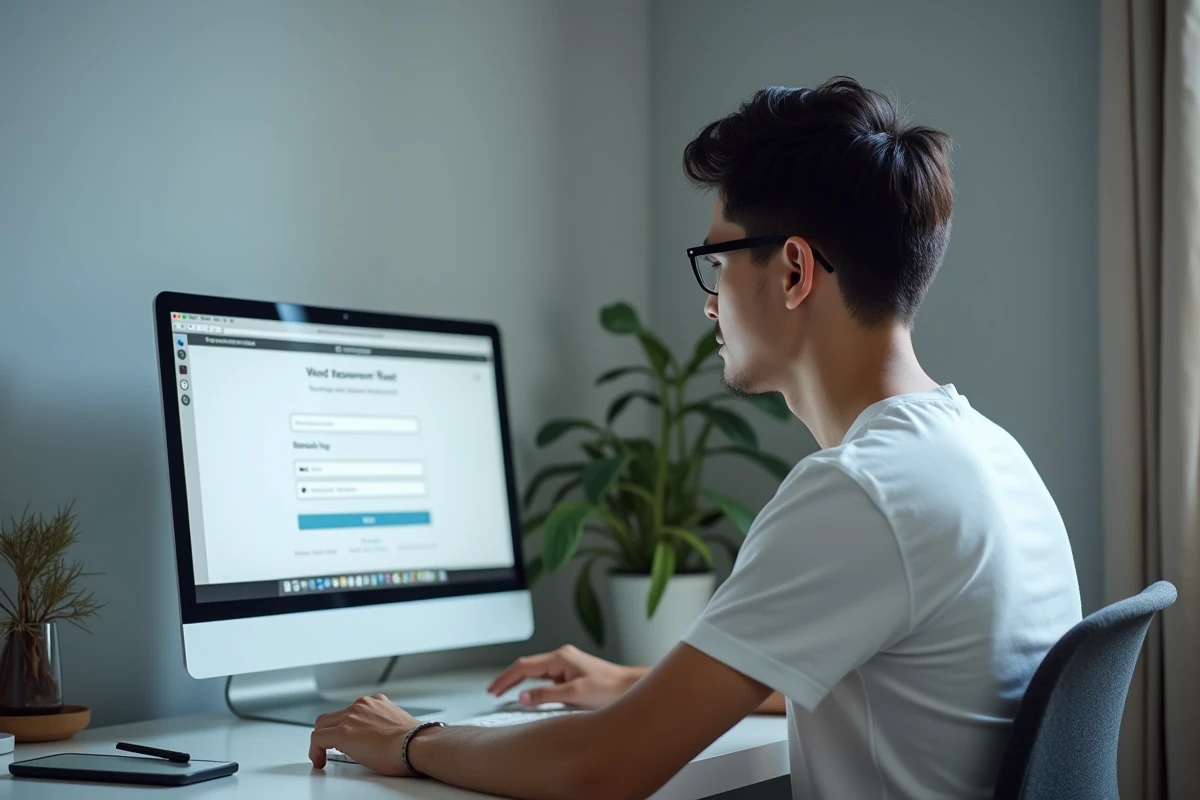 Jeune homme consultant les étapes de réinitialisation de mot de passe de son espace client Société Générale sur un ordinateur de bureau