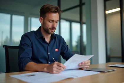 Un expatrié français examine son bulletin de salaire suisse dans un bureau moderne à Zurich