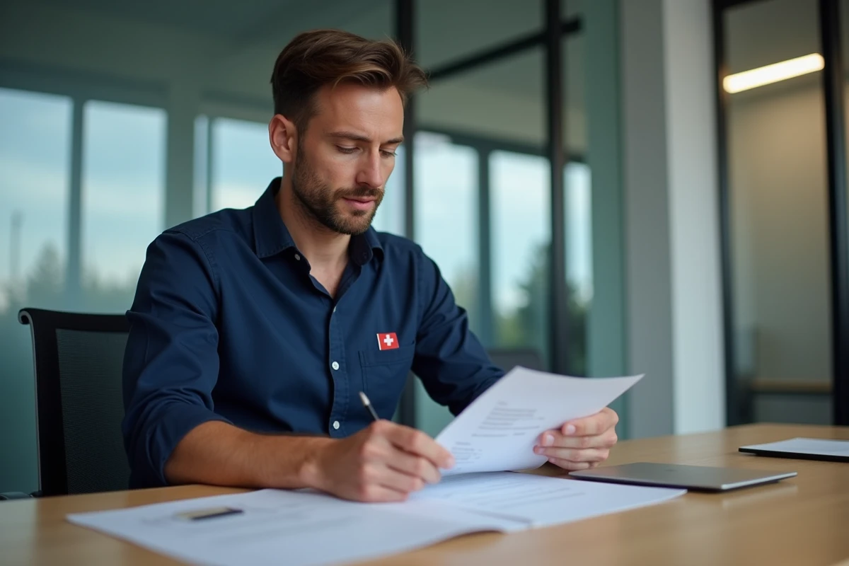 Un expatrié français examine son bulletin de salaire suisse dans un bureau moderne à Zurich