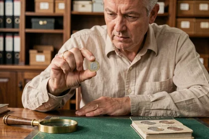 Collectionneur expert examinant une pièce rare de 50 centimes avec une loupe sur un bureau d'antiquaire