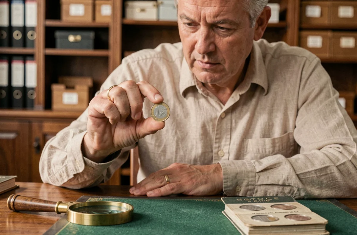 Collectionneur expert examinant une pièce rare de 50 centimes avec une loupe sur un bureau d'antiquaire
