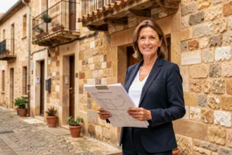 Experte immobilière professionnelle devant un bâtiment en pierre typique de l'Occitanie, tenant des documents de vente