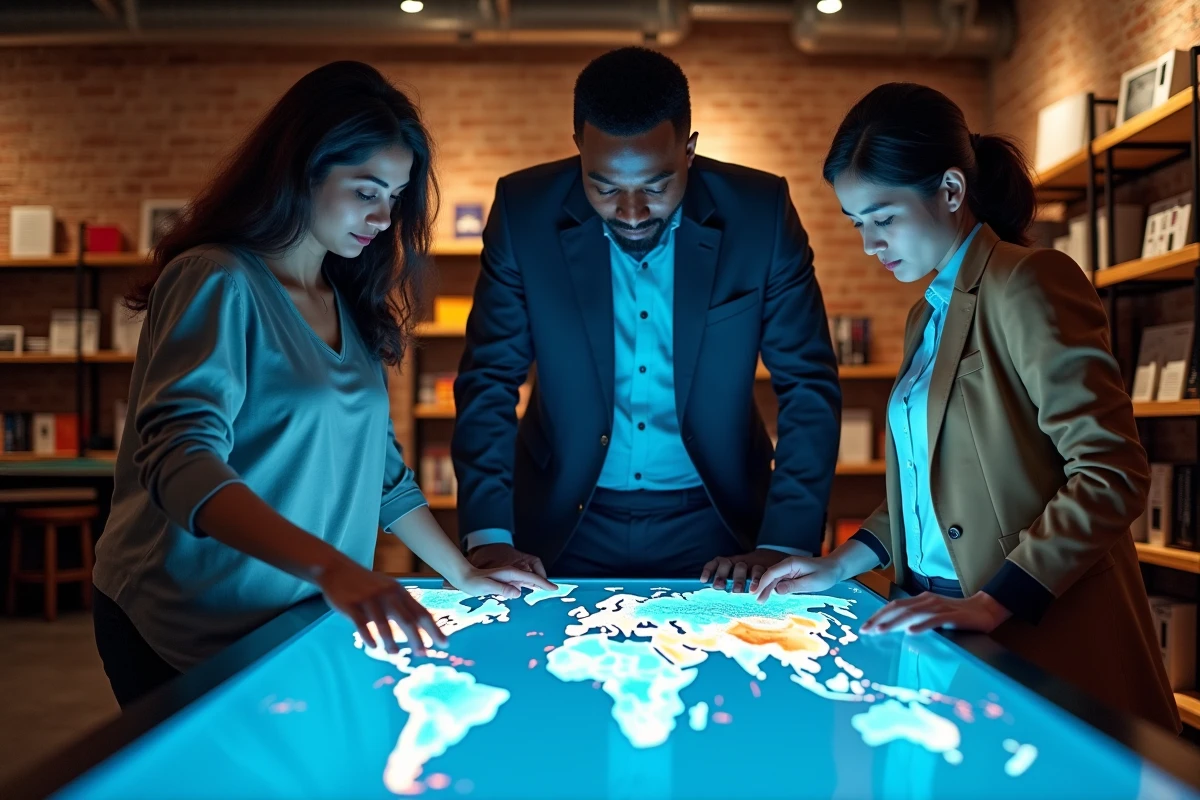 Groupe d'experts internationaux analysant une carte économique mondiale interactive dans un centre de recherche géopolitique